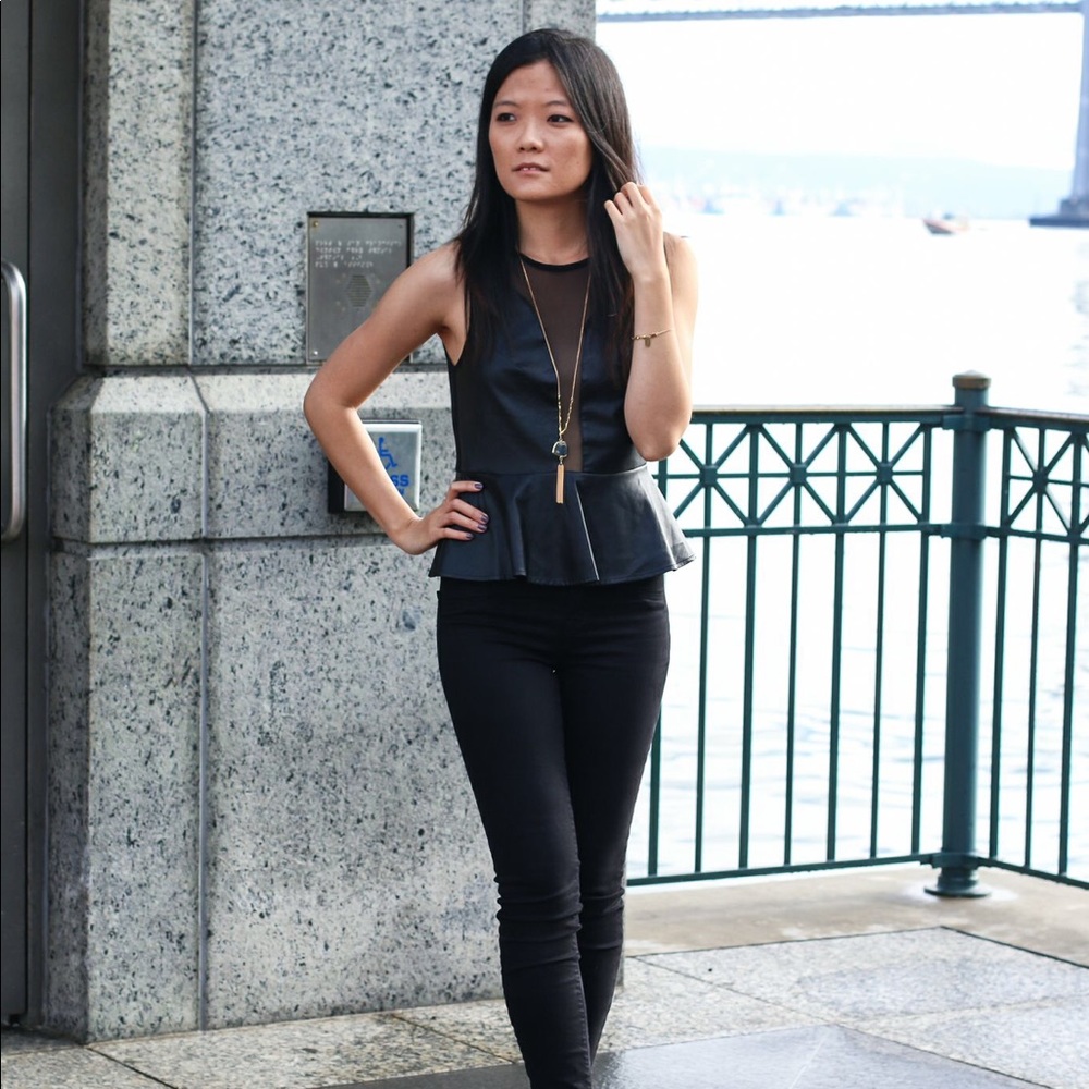 For Love and Lemons NWOT Peplum x Faux Leather Top - Picture 2 of 8